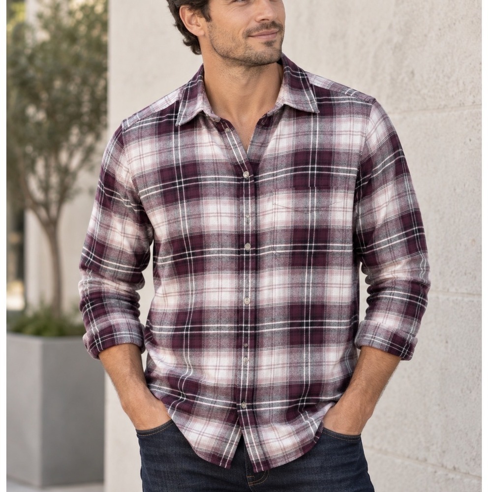 American Eagle Men's Medium Amazingly Soft Plaid Flannel Shirt Burgundy White